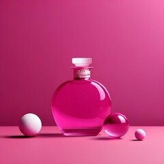 AI generated illustration of pink perfume bottle with decorative beads in foreground