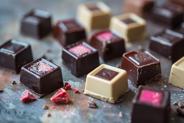 chocolate cubes filled with marzipan, food advertisng