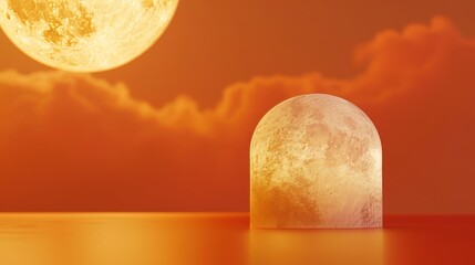 Sphere box with full moon background. Chinese Mid autumn festival background. 3d render.