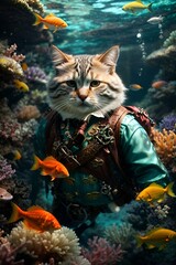 Fototapeta na wymiar a cat in costume swims in an underwater aquarium surrounded by a variety of fish