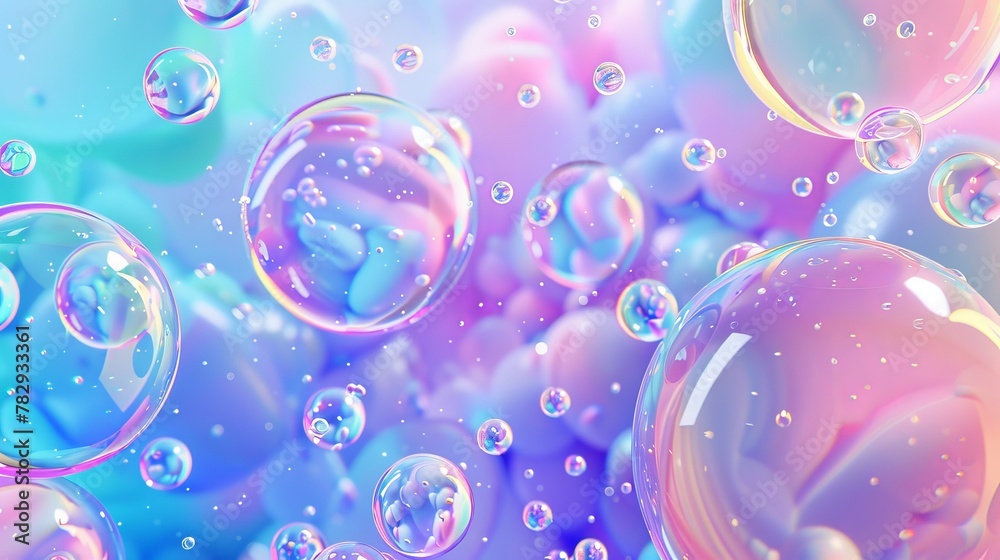 Poster 3d art background with holographic floating liquid blobs, soap bubbles, and metaballs.
