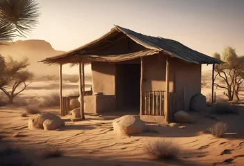 Foto op Canvas AI generated illustration of a hut in desert at sunset with rocks on the ground © Wirestock