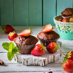 Frische Schokomuffins mit Erdbeeren mit weiß und türkisen Vintage Hintergrund, Nahaufnahme.