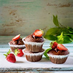 Schokomuffins mit frischen Erdbeeren., isoliert. Nahaufnahme vor shabby weißem Holz mit Deko.