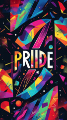 a poster with colorful lettering on it and the word pride in geometric shapes