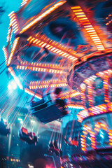 Blurred background of spinning rides and flashing neon lights. Carnival fun. Generative AI