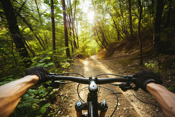 Biking on a rugged trail or dirt road in a forest with morning light. Generative AI