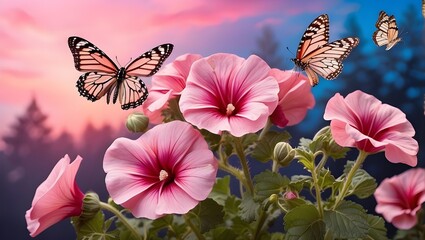 Pink mallow flowers with vibrant butterflies and a dawn backdrop