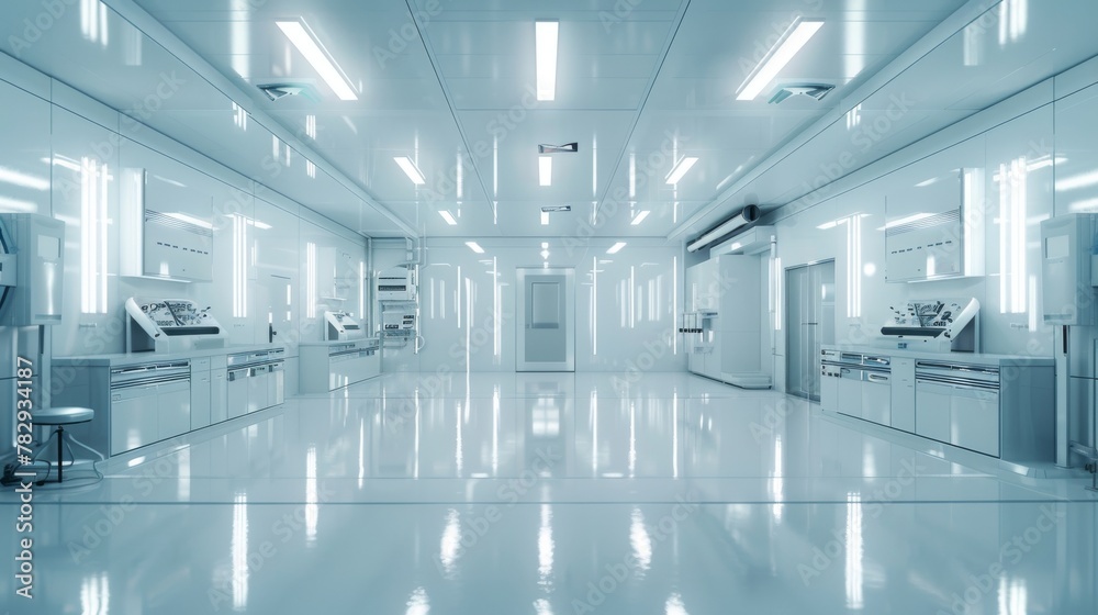 Poster This is a 3D rendering of an empty white laboratory with a technology background and a science concept.