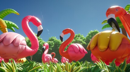 Vibrant Flamingo Ornaments in Sunlit Garden Party Decor