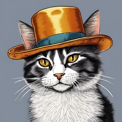 AI illustration of a cat in stylish hat and glasses with yellow trim