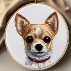 AI generated illustration of a dog portrait in cross-stitch on wooden frame - obrazy, fototapety, plakaty