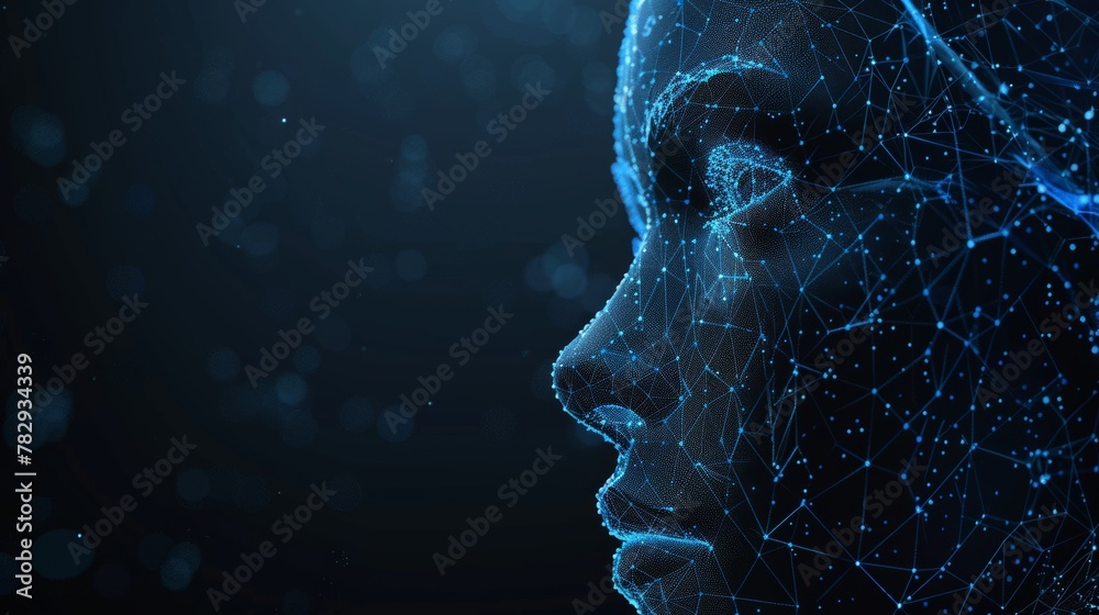 Poster anatomical low poly 3d head on a dark background, surrounded by a grid structure of the human face. 