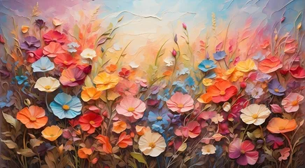 Foto op Plexiglas abstract background with hazy flowers. oil painting depicting a field of vibrant wildflowers before dawn. rainbow's colors © Ashan