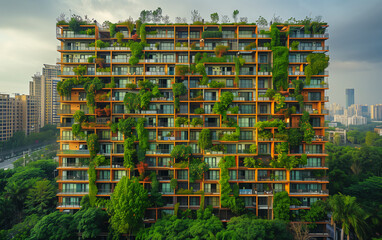 AI generated illustration of city buildings with abundant greenery on numerous balconies