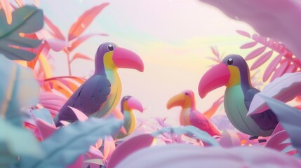 Vibrant Tropical Paradise with Colorful Toucans Among Lush Foliage