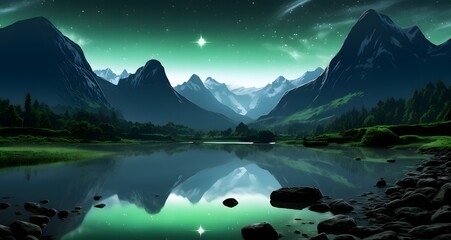 AI generated illustration of a night scene with moon shining over green water