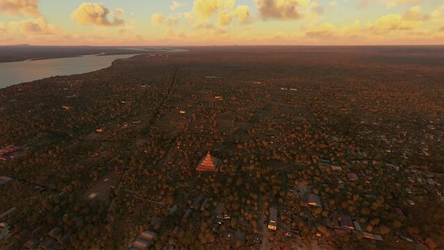 Top sunset aerial view of the Buddhist Temple of Shwesandaw Pagoda in Bagan. Myanmar