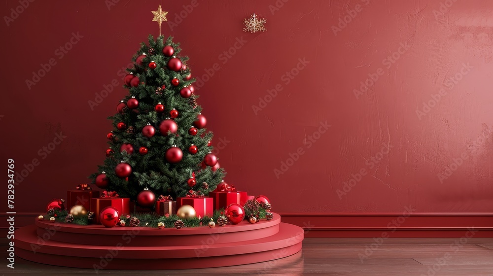 Canvas Prints A red Christmas podium background with a Christmas tree. This is a 3D render.