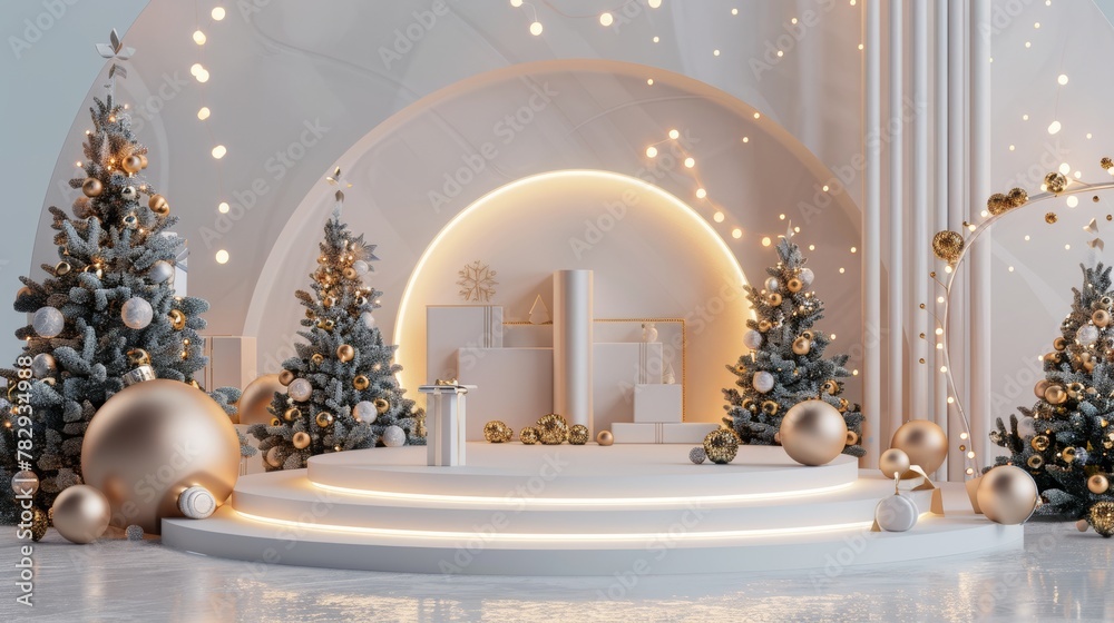 Poster an indoor holiday scene with a podium backdrop for displaying products.
