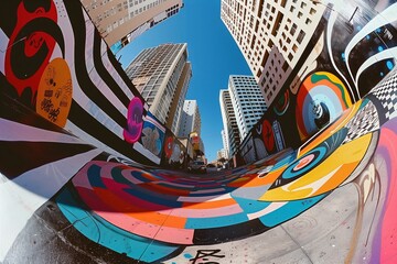 AI-generated illustration of a fisheye lens warps a vibrant, graffiti-clad urban alley - obrazy, fototapety, plakaty
