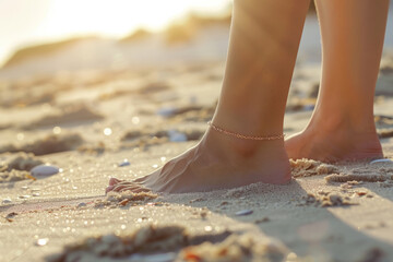 Woman's legs with an metallic golden anklet shimmering in the sunlight on a sandy beach. Generative AI
