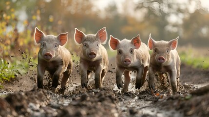 AI-generated illustration of four small pigs trotting on a muddy path - obrazy, fototapety, plakaty