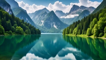  Photo of tranquil lake surrounded by towering mountains and lush green forests. The image captures breathtaking view of pristine lake reflecting the surrounding landscape - Powered by Adobe