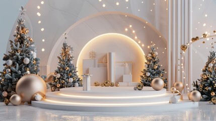 An indoor holiday scene with a podium backdrop for displaying products.