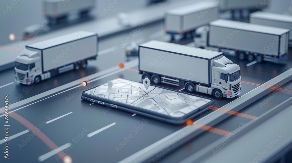 Aufkleber a concept of smart logistics, showing a phone with an application that tracks the movement of vehicl