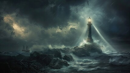 a storm at sea as waves crash against the rocky shore, with a lone lighthouse standing tall amidst the chaos.