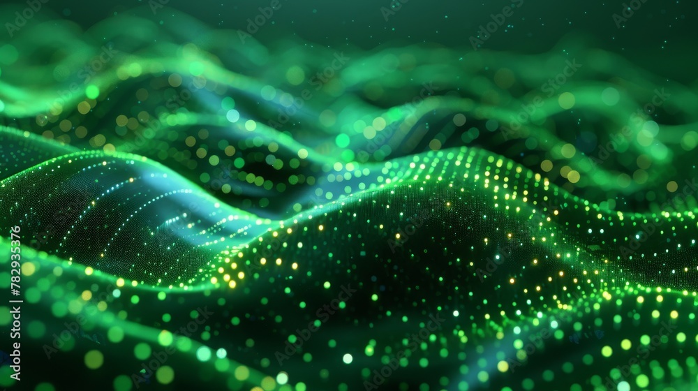 Leinwandbilder The light-screen background is made up of dots in green waves on a gradient texture. Abstract technology background made up of big data. A 3D rendering is used.
