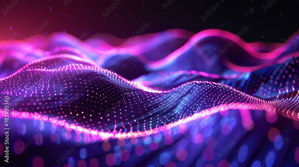 Poster The background is a light gradient dark background with a dot blue purple wave line. Abstract technology big data digital background. 3D rendering.
