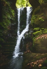 Steps leading up to AI waterfall. Reimagined Art from a photo taken in Scotland