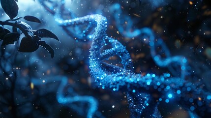 When camera moves closer, blue chromosome DNA and flickering light matter chemicals appear. Genetic health concept with technology and science. 3D illustration rendering.