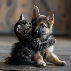 AI-generated illustration of a kitten playing with a German Shepherd puppy