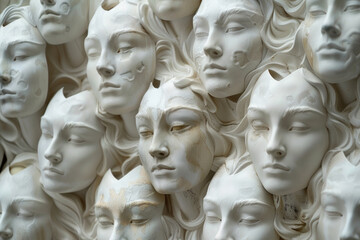 Obraz premium A collection of emotionless white masks on a white wall