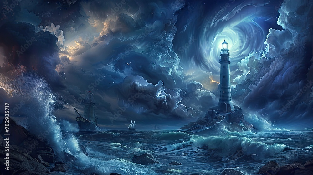 Poster a storm at sea as waves crash against the rocky shore, with a lone lighthouse standing tall amidst the chaos.