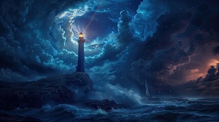 a storm at sea as waves crash against the rocky shore, with a lone lighthouse standing tall amidst the chaos. - obrazy, fototapety, plakaty
