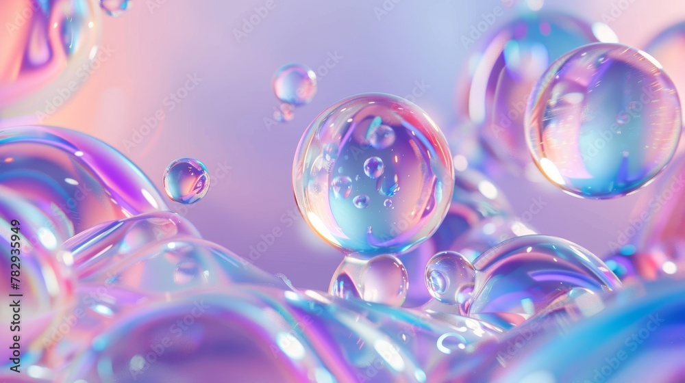 Poster holographic floating liquid blobs, soap bubbles, metaballs.. abstract 3d art background.