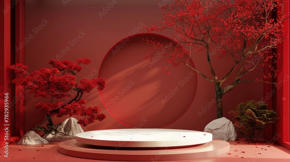 Poster The background is a Chinese one with a podium for displaying products. The render is in 3D.