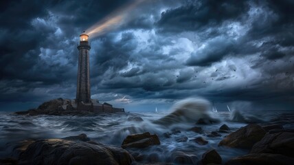 Fototapeta na wymiar a storm at sea as waves crash against the rocky shore, with a lone lighthouse standing tall amidst the chaos.