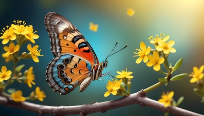  photo selective focus shot of a beautiful butterfly sitting on a branch with small yellow flowers 