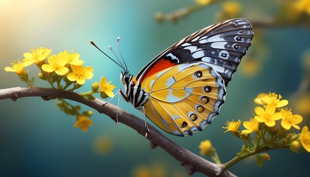  photo selective focus shot of a beautiful butterfly sitting on a branch with small yellow flowers 
