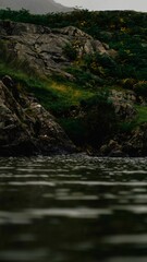 Fototapeta premium Low angle shot from the lake to the rocky hill covered in lush green grass