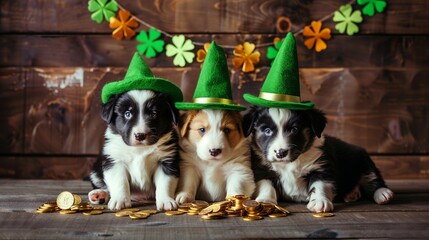 AI generated illustration of adorable puppies wearing St. Patrick's Day hats