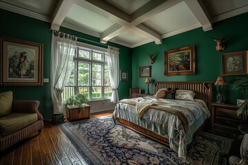 the room has some green walls and wood floors, an ornate bed with white comfort