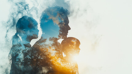 Fototapeta premium With in the area with a white background, the Double Exposure of the person, family, woman reflects a joyful expression. A livable world happy concept.