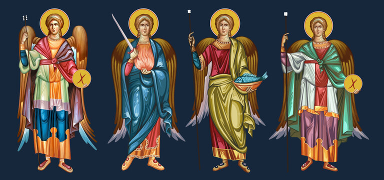 Four Archangels close God's throne. Four cardinal points. Archangel Gabriel, Uriel, Raphael and Michael. Traditional illustration in Byzantine style isolated