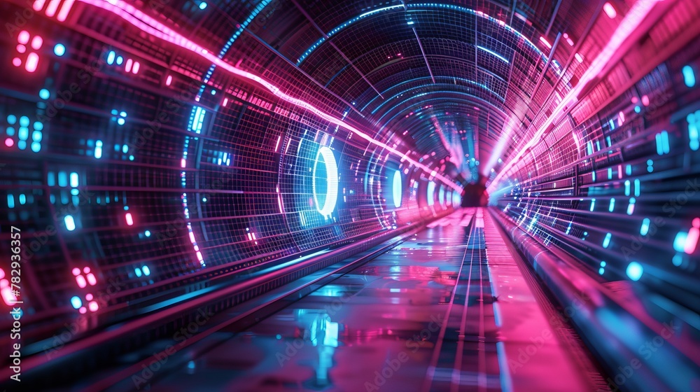 Poster Neon lights in a digital tunnel. Abstract background of futuristic technology. 3D render.